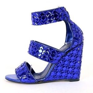 Sergio Rossi Blue Sequin Wedges 8 39.5 Heels Shoes